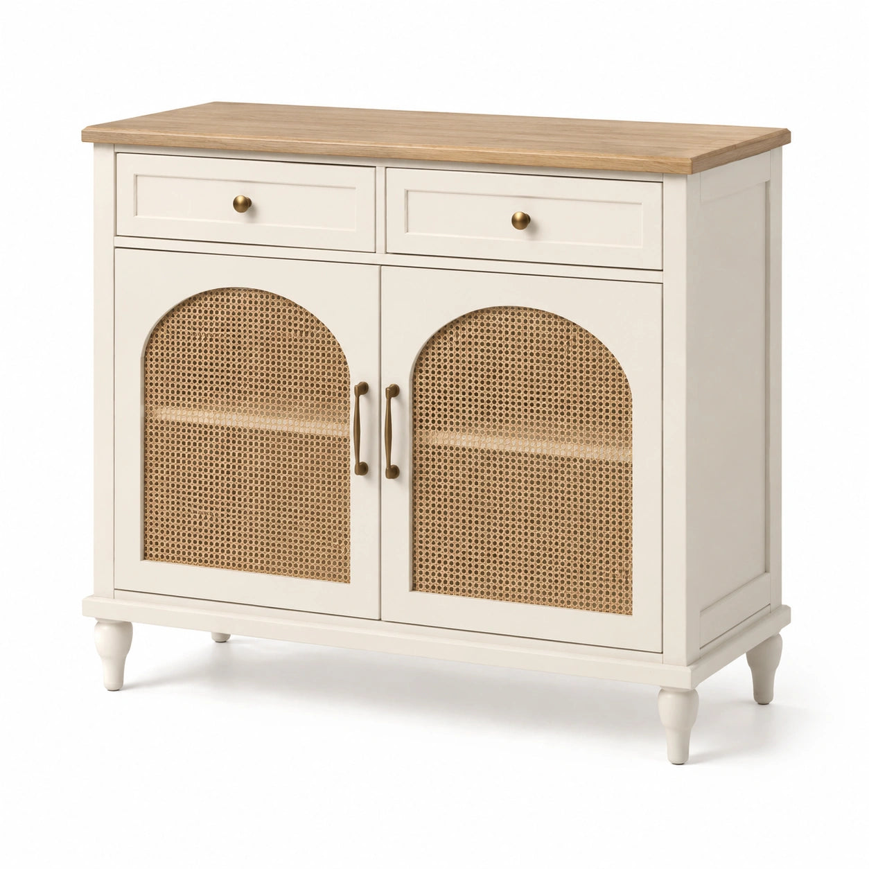 Aparador de MDF con Chapa de Roble y Ratán Beige con Dos Cajones