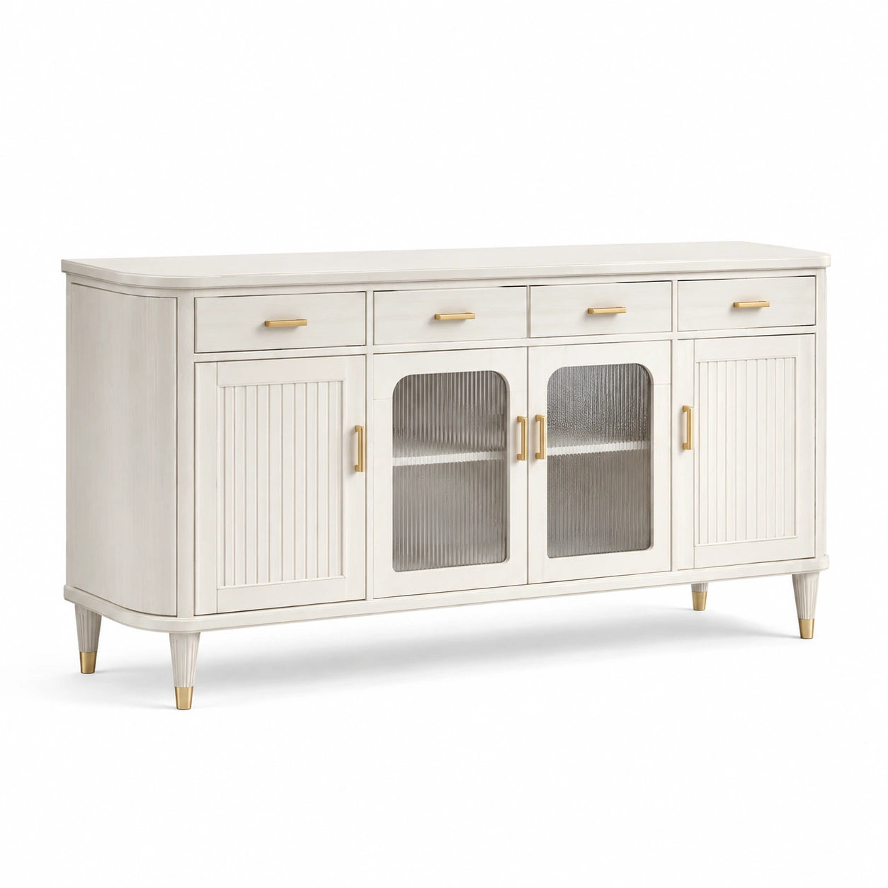 Aparador de madera blanco con puertas de vidrio estriado y tiradores dorados