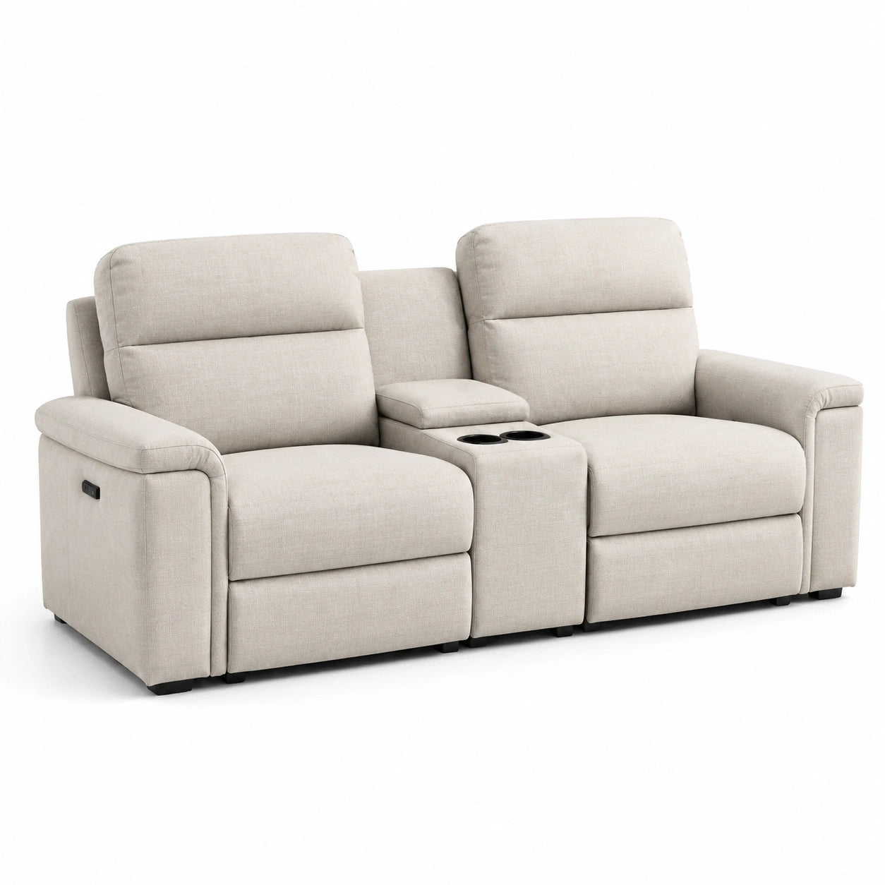 Sofá reclinable de 2 plazas en tela beige con portavasos