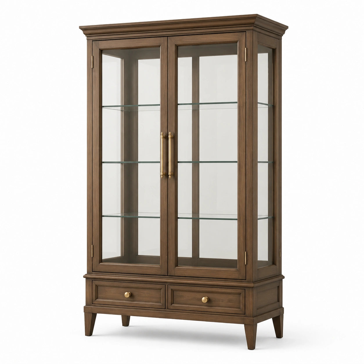 Vitrina de roble con puertas de vidrio templado y cajones