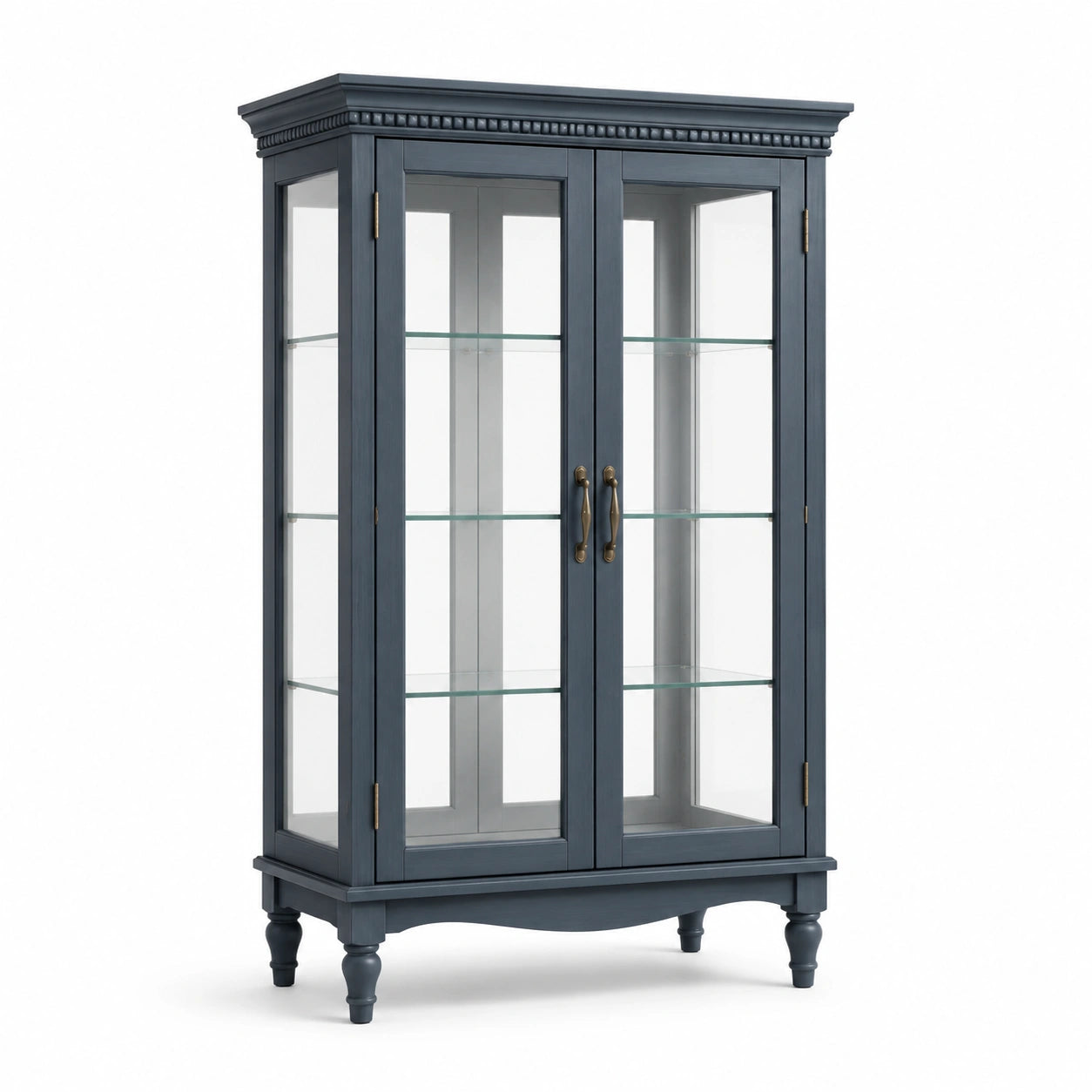 Vitrina de madera azul con puertas de vidrio templado