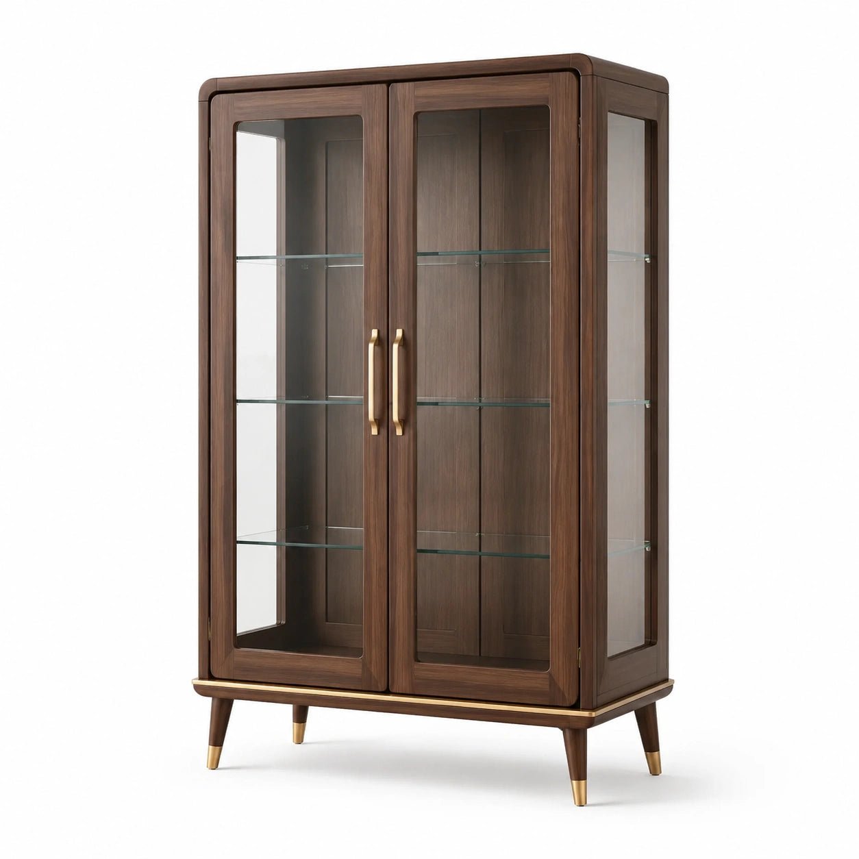 Vitrina de madera con vidrio templado y detalles dorados