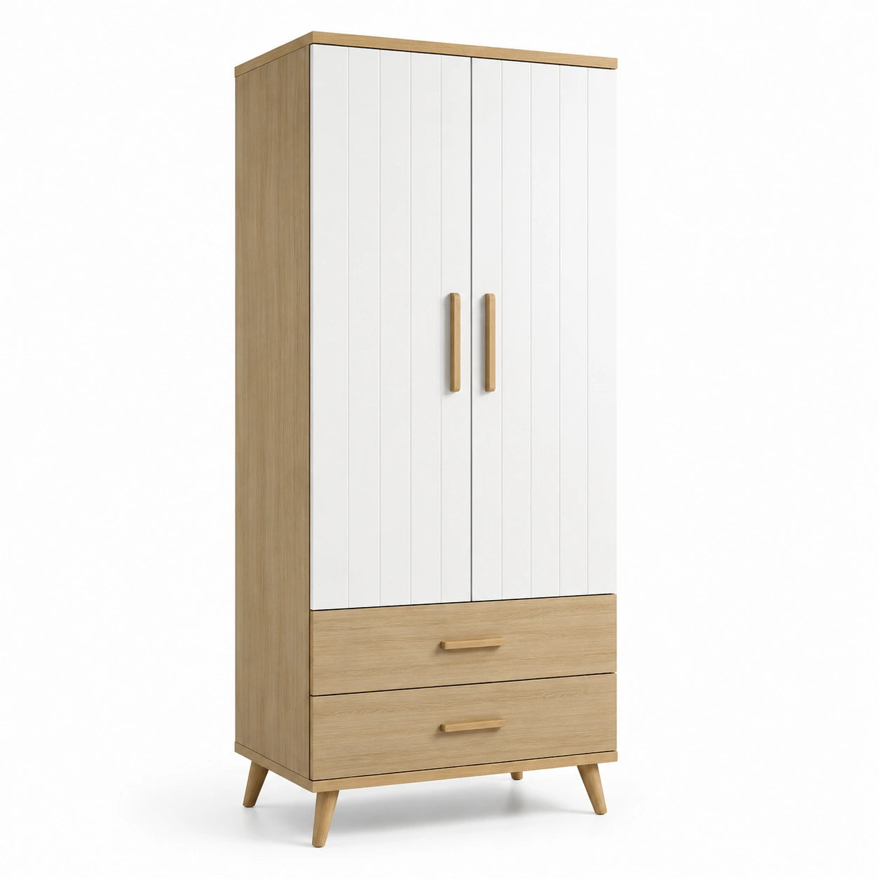 Armario de madera MDF blanco y roble con dos puertas y cajones 80x50x200 cm