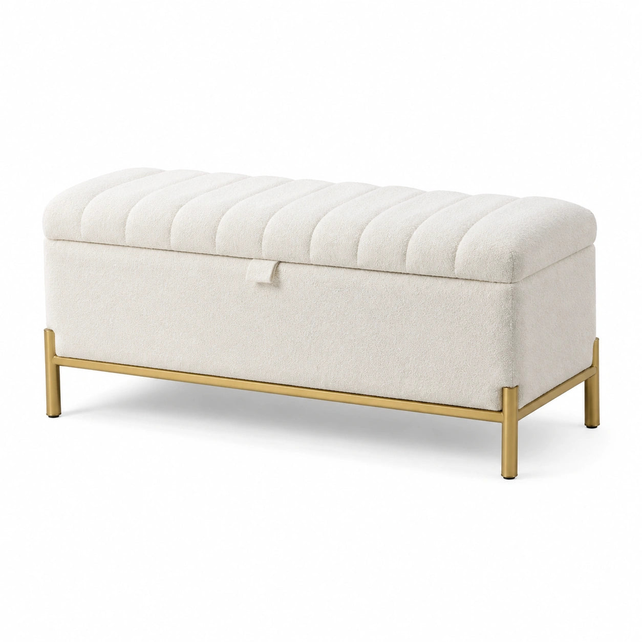 Banco de almacenamiento beige de tela bouclé y metal 120x40x45cm