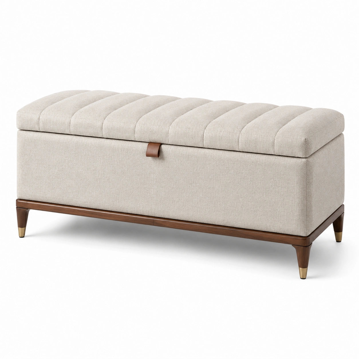 Banco de almacenamiento en tela beige y patas de madera 120cm