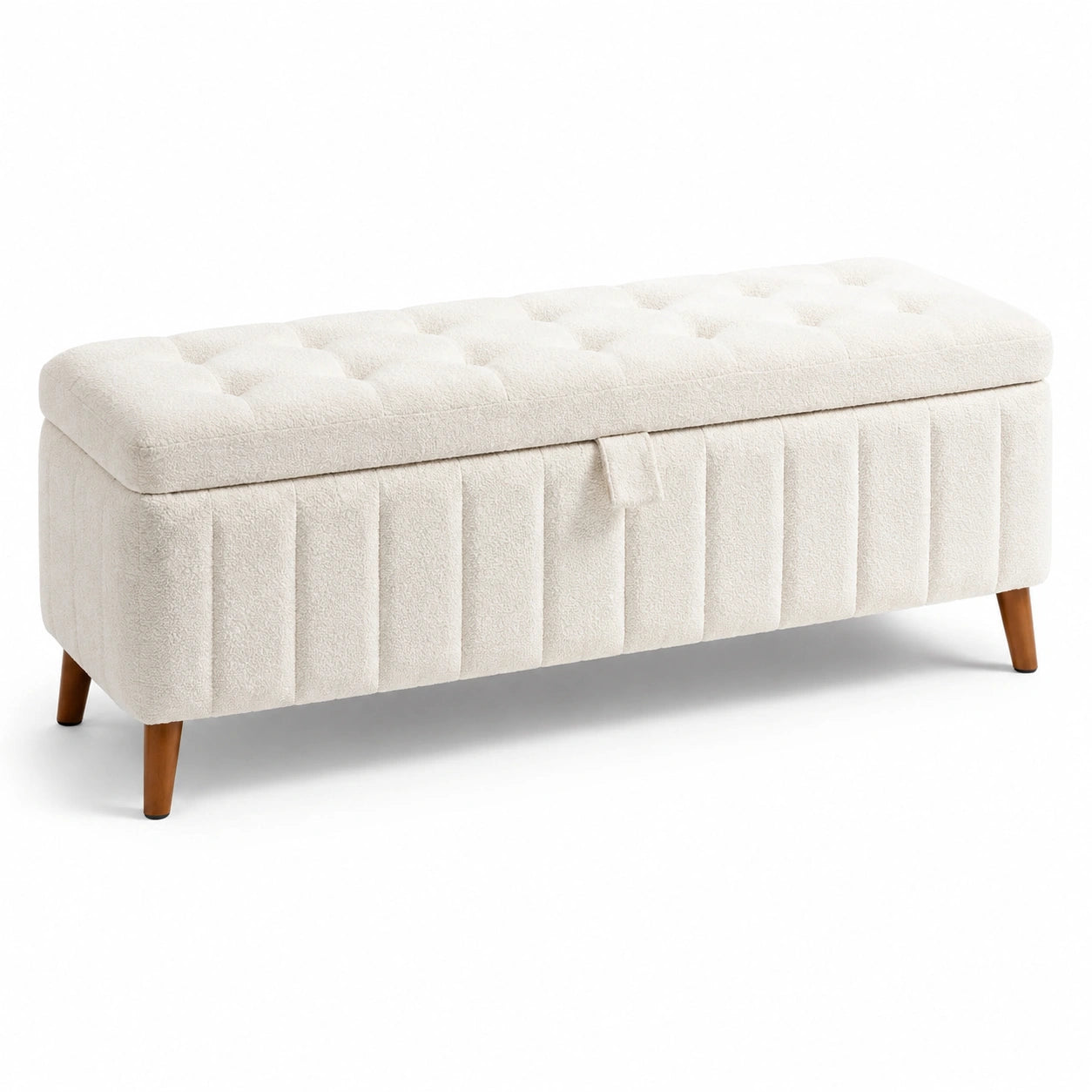 Banco de almacenamiento de tela beige con patas de madera