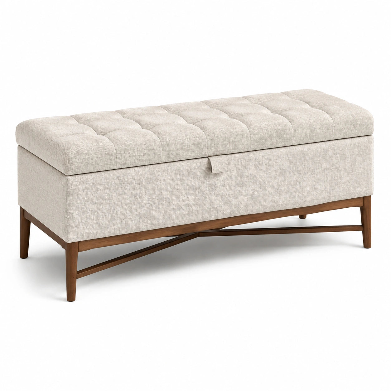 Banco de almacenamiento de poliéster beige con estructura de madera