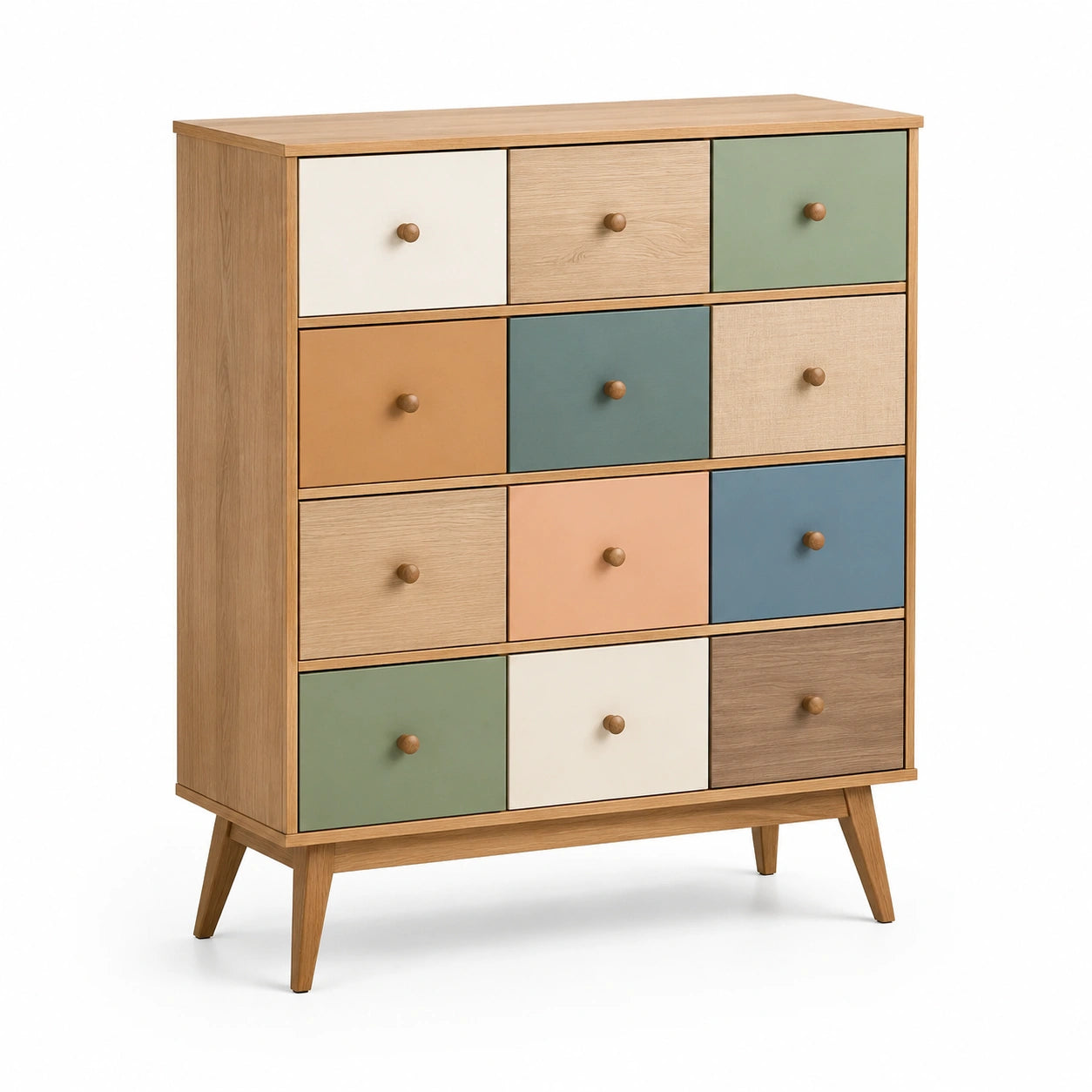 Cajonera multicolor de madera con 12 cajones