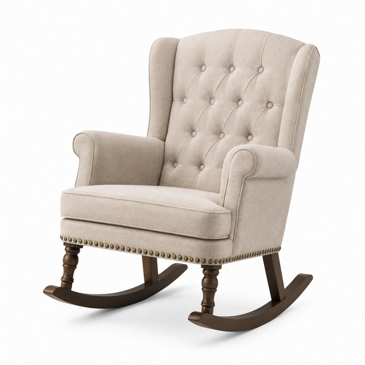 Mecedora de tela beige con patas de madera