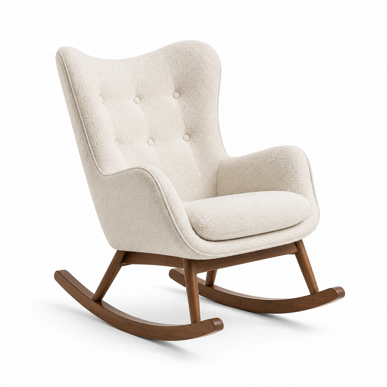 Mecedora de tela beige con base de madera de haya