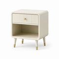 Mesita de noche de madera MDF beige con cajón y detalles dorados