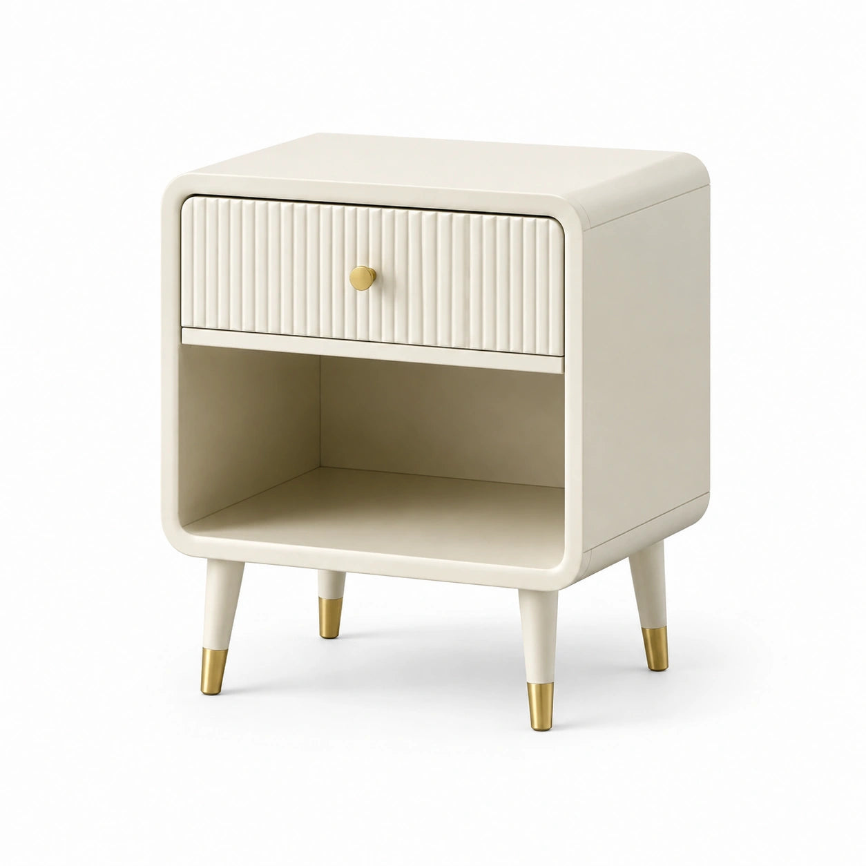 Mesita de noche de madera MDF beige con cajón y detalles dorados