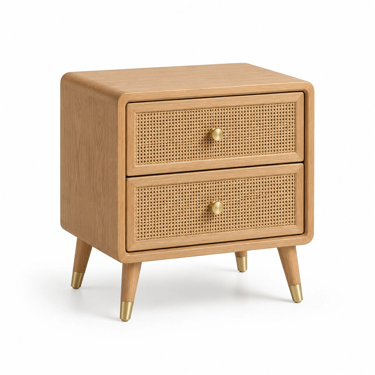 Mesita de noche de madera y mimbre con detalles dorados