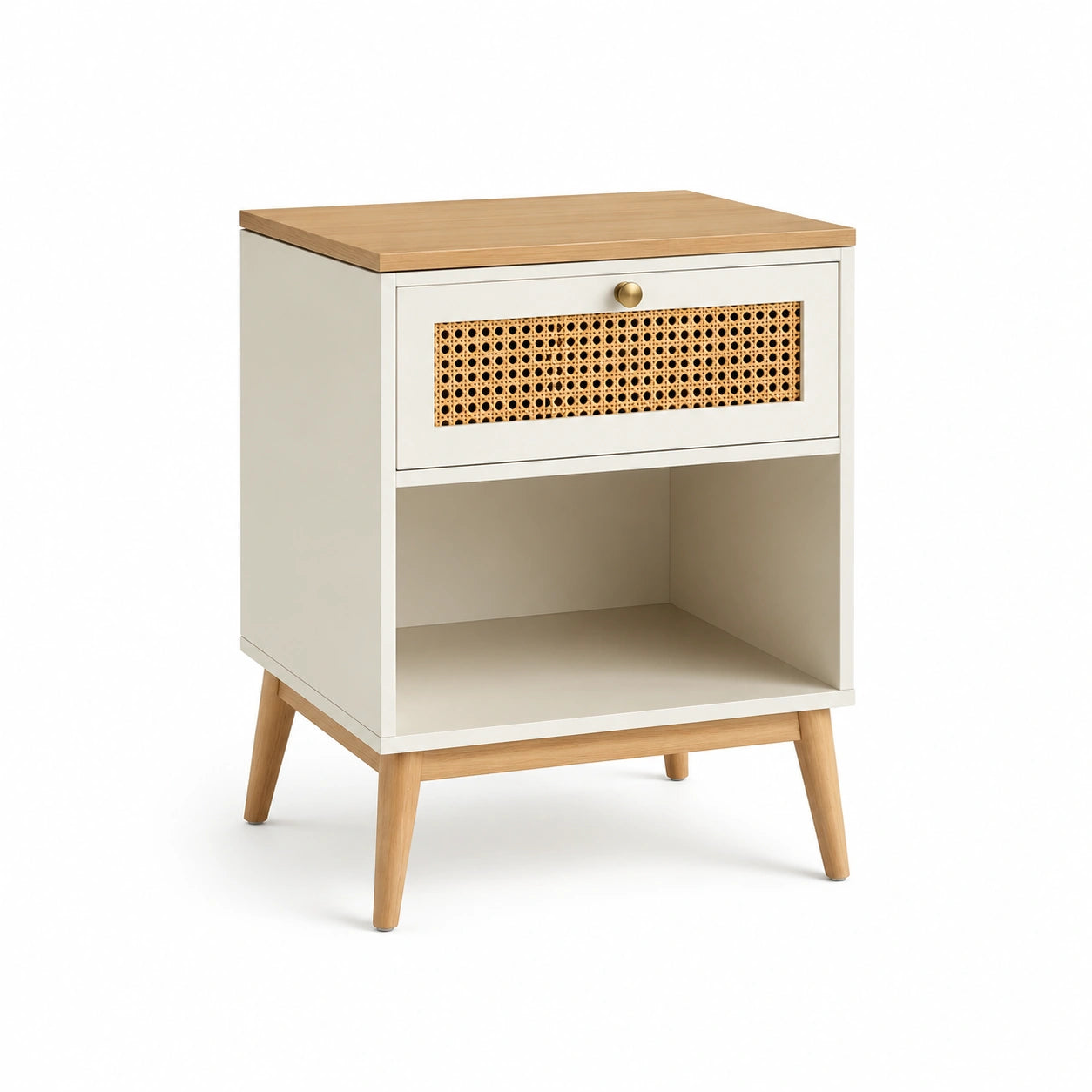 Mesita de noche de madera con cajón de ratán y patas de madera 60x40x30 cm