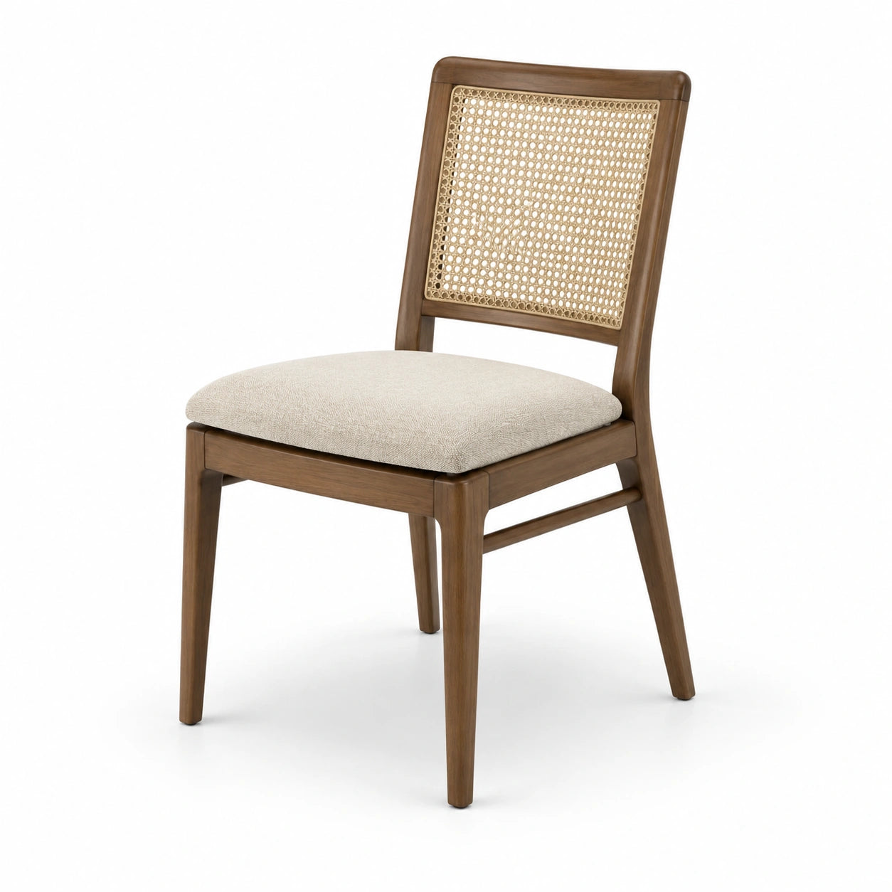 Silla de madera de nogal con respaldo de mimbre y asiento crema